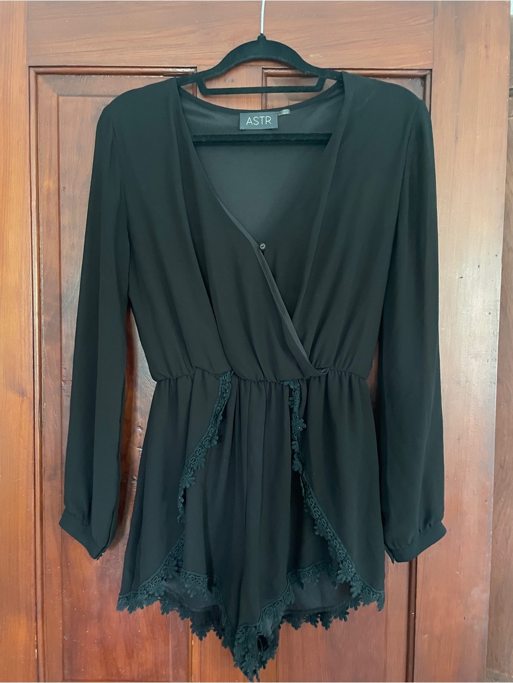 ASTR Black Lace-Trim Long Sleeve Romper